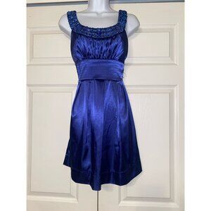Beaded Satin Blue Cocktail Dress With Bow & Pleated Skirt